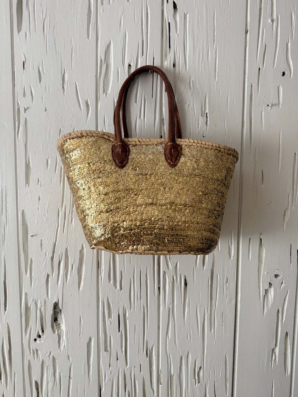 Moroccan Artisan Gold Sequin Straw Basket Tote Bag Woven Boho Beach Handbag